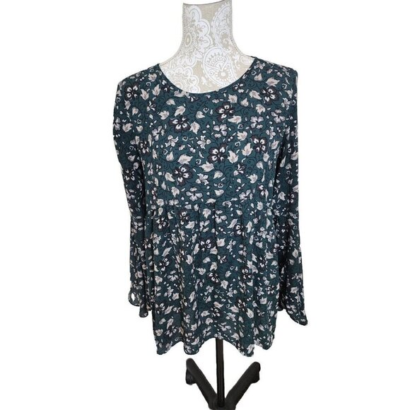 LOFT Green Long Bell Sleeve Baby Doll Tunic Top Women's Small - Picture 1 of 7
